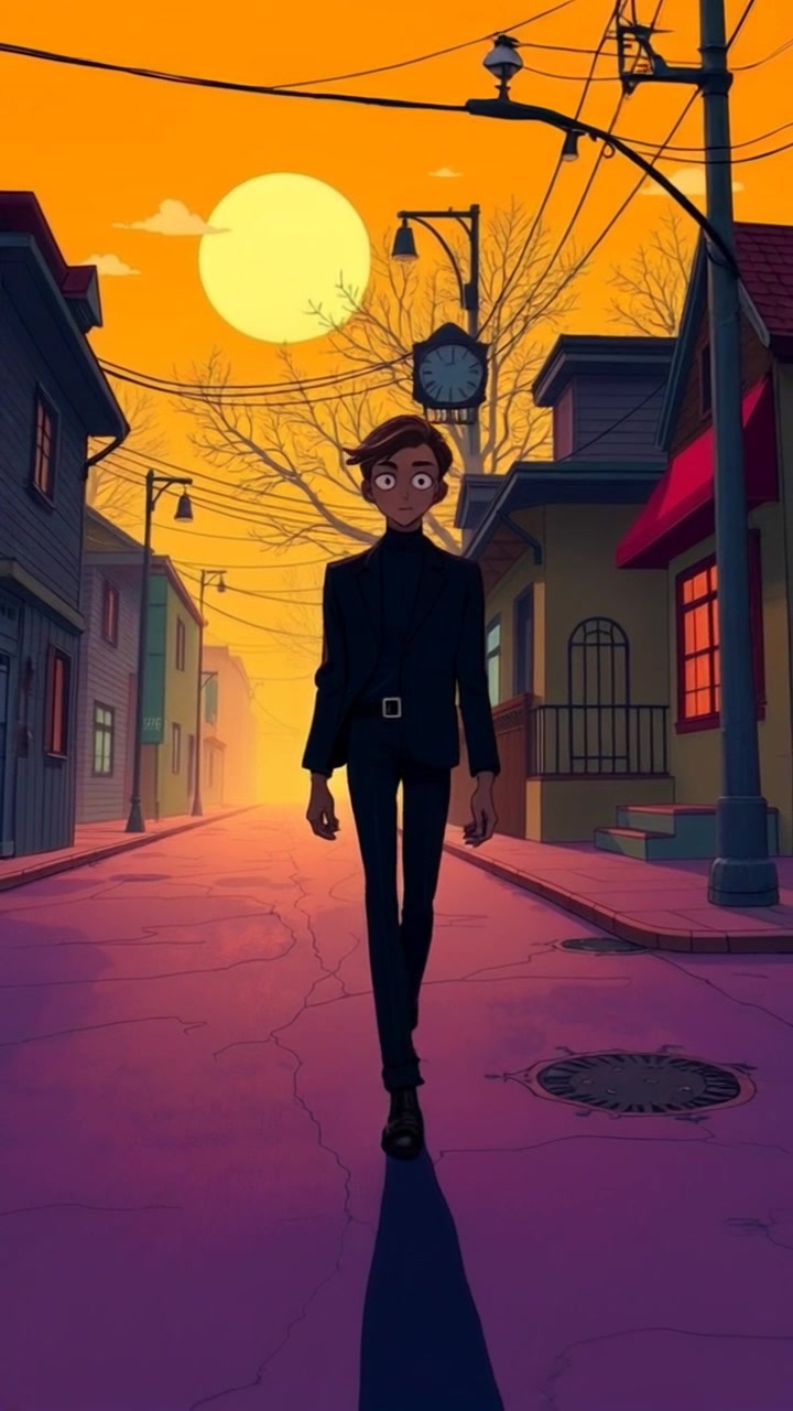 Scene: An empty street at dawn, with soft morning light illuminating the scene. Subject: A solitary figure walking confidently away from the camera. Motion: The camera gently tracks backward, maintaining focus on the figure as they move further down the street, their silhouette framed against the soft, pastel hues of the early morning sky. Atmosphere: A tranquil and contemplative mood, evoking a sense of solitude and reflection.