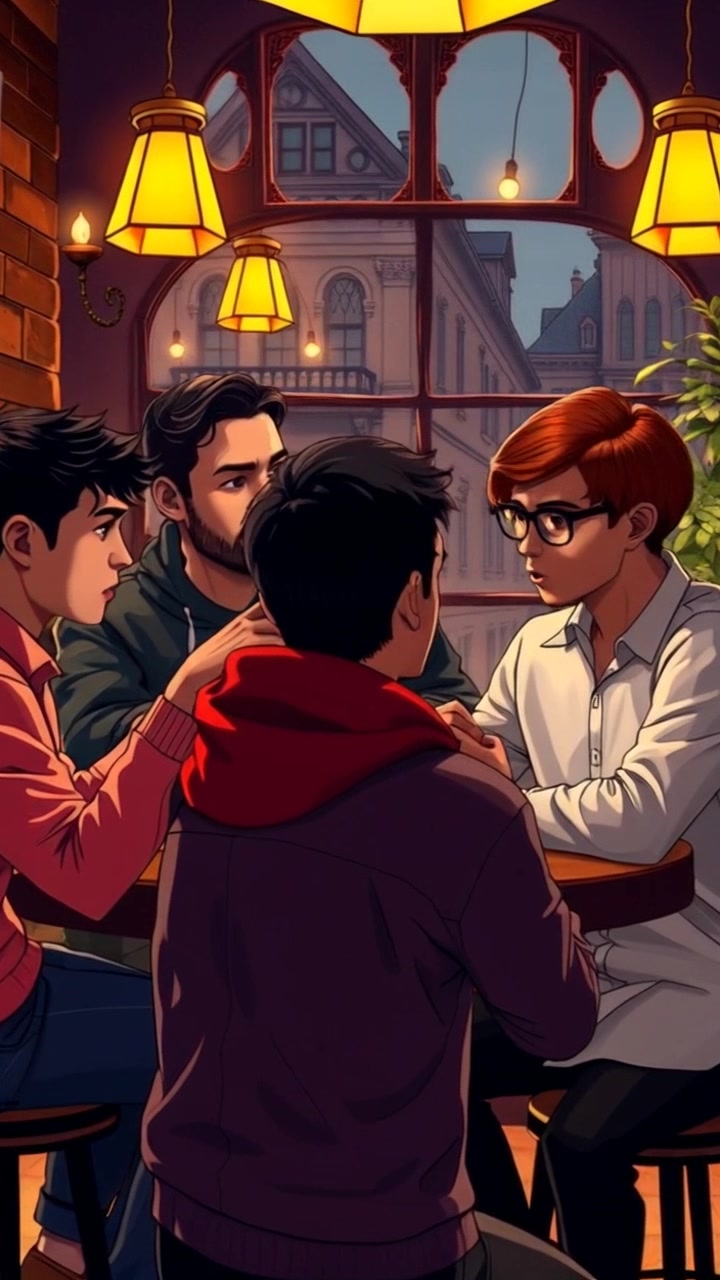 Scene: A group of friends sitting in a circle at a cozy cafe, animatedly discussing various topics. Style: Warm lighting with soft shadows creating an inviting atmosphere. Motion: The camera gently pushes in closer to the group, capturing their expressions and gestures as they engage in lively conversation, creating a sense of intimacy and connection.