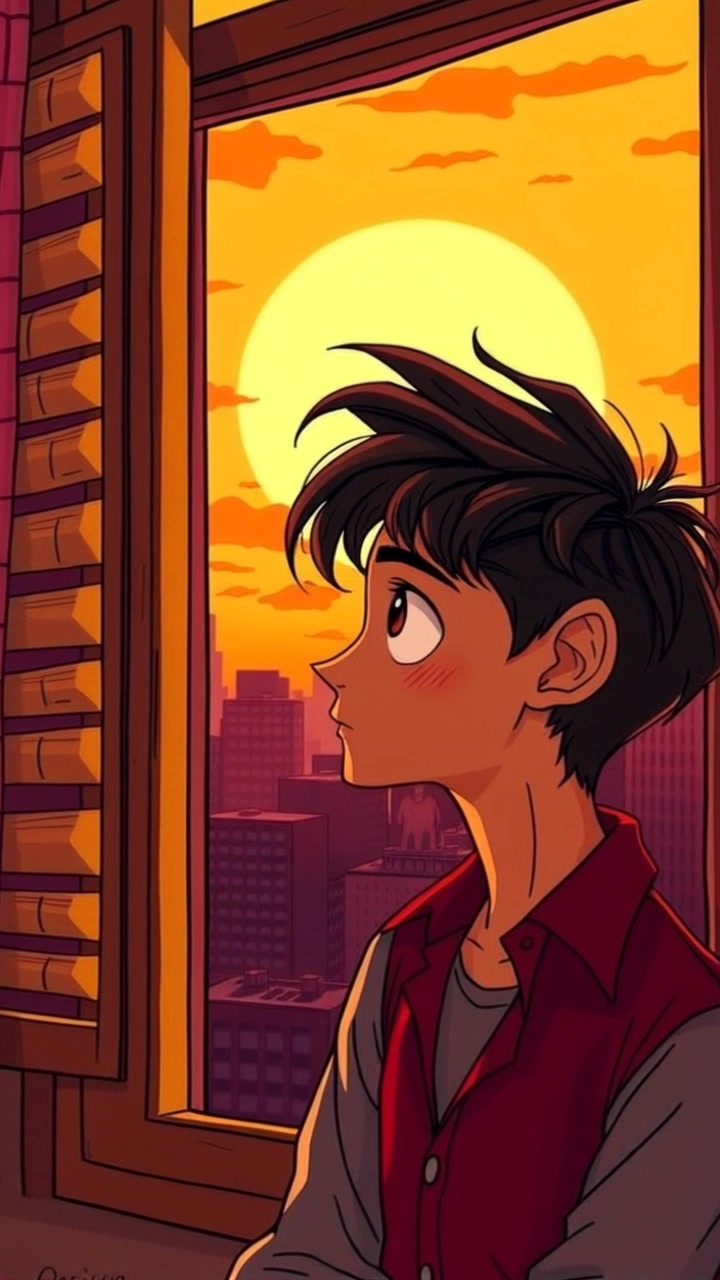Scene: A person gazing thoughtfully out of a window at sunset, with soft light illuminating their face. Style: Warm, ambient sunset lighting creating a tranquil atmosphere. Motion: The camera slowly pushes in on the subject, capturing the serene expression and the soft glow, while the background subtly blurs to enhance the intimate focus.