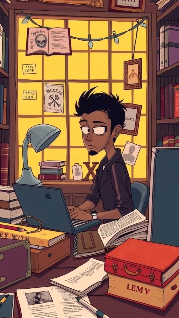 Scene: A small room filled with books and a cluttered desk, creating an intimate study atmosphere. Style: Warm, soft lighting enhances the cozy yet focused mood of the space. Motion: The camera slowly zooms in on the desk, capturing the concentration on Alex's face as they type diligently on the laptop, surrounded by the organized chaos of their creative environment.