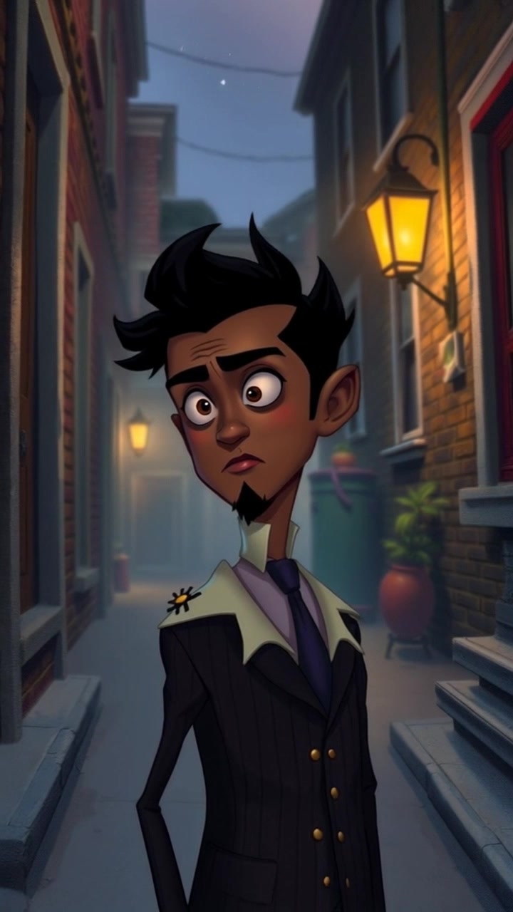 Subject: A figure standing in a dimly lit alley, exuding a sense of contemplation and inner conflict. Scene: The narrow alley is framed by old brick walls, flickering shadows cast by a distant street lamp creating a moody atmosphere. Motion: The camera slowly tracks in towards the subject, capturing their pensive expression while emphasizing the tension of the dimly lit surroundings.