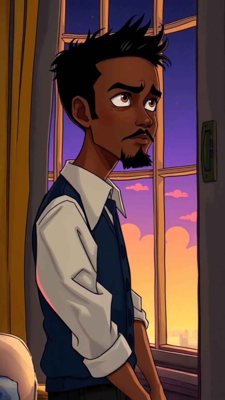 Subject: Kamu looking out of a large window, contemplating life with a pensive expression. Subject movement: Kamu maintains a still posture while occasionally shifting weight from one foot to the other, lost in thought. Scene: Cozy interior with soft furnishings, a large window overlooking a vibrant cityscape bathed in sunset hues. Style: Warm, golden-hour lighting creating a serene atmosphere, juxtaposed against the busy backdrop. Motion: The camera slowly pushes in towards Kamu's reflective face, capturing the nuanced emotions as the city lights begin to twinkle outside.