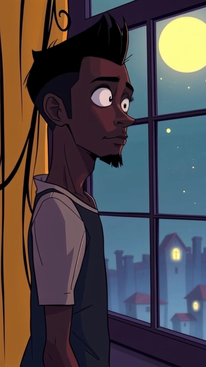Subject: A person standing by a window, gazing thoughtfully outside. Scene: An indoor environment with soft natural lighting filtering through the window, creating a calm and reflective atmosphere. Motion: Camera slowly pushes in to capture the person's expression in close-up, while gentle sunlight highlights their features, conveying a mood of contemplation.