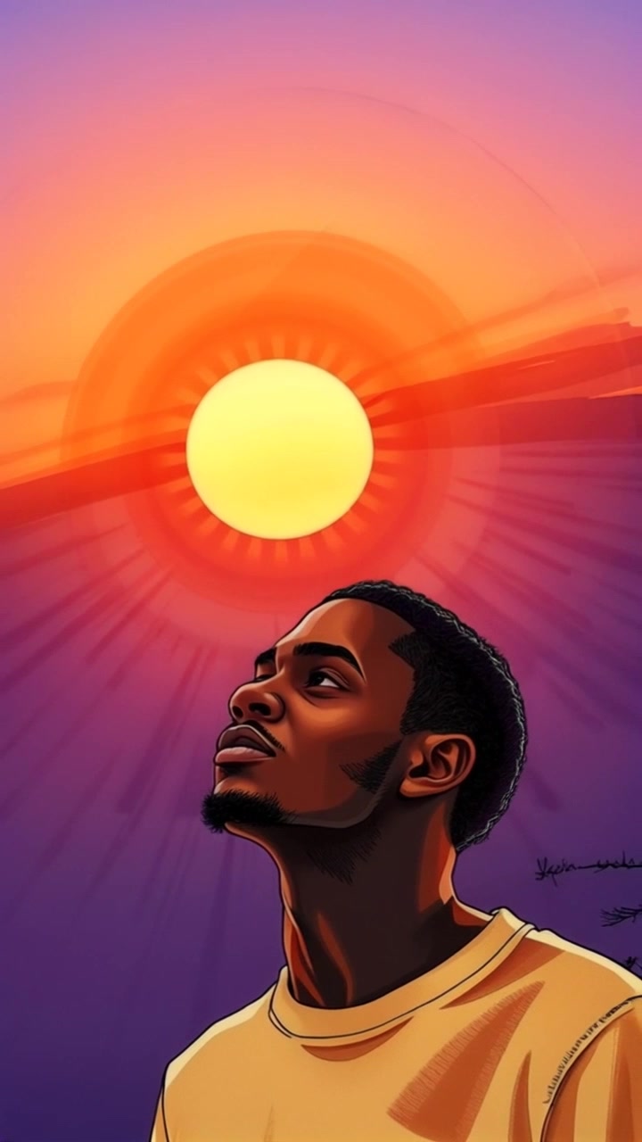 Subject: A person deep in thought. Subject movement: The individual stands still, gazing intently at the glowing sunset. Scene: A picturesque sunset view, with vibrant hues of orange and purple painting the sky, casting reflections on nearby water. Style: Warm, soft lighting illuminating the surroundings. Motion: The camera slowly pulls back, revealing the expansive landscape while maintaining focus on the contemplative figure, creating an immersive atmosphere.