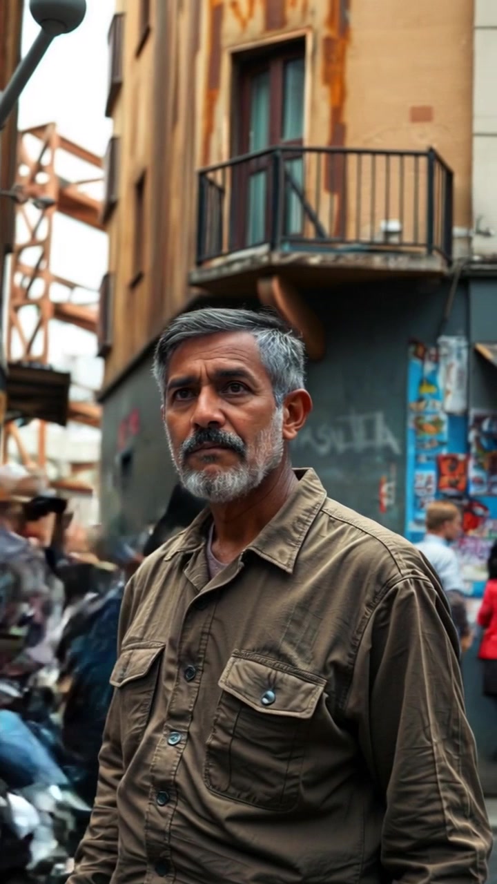 Subject: A focused individual standing at a bustling street corner. Subject movement: The person gazes intently, occasionally shifting their weight as they take in their surroundings. Scene: A lively urban environment with pedestrians, vehicles, and street vendors, all contributing to the vibrant city life. Style: Bright daylight illuminating the colorful scene, casting dynamic shadows. Motion: Camera performs a slow push-in towards the subject, capturing the energy of the city while maintaining focus on their determined expression.