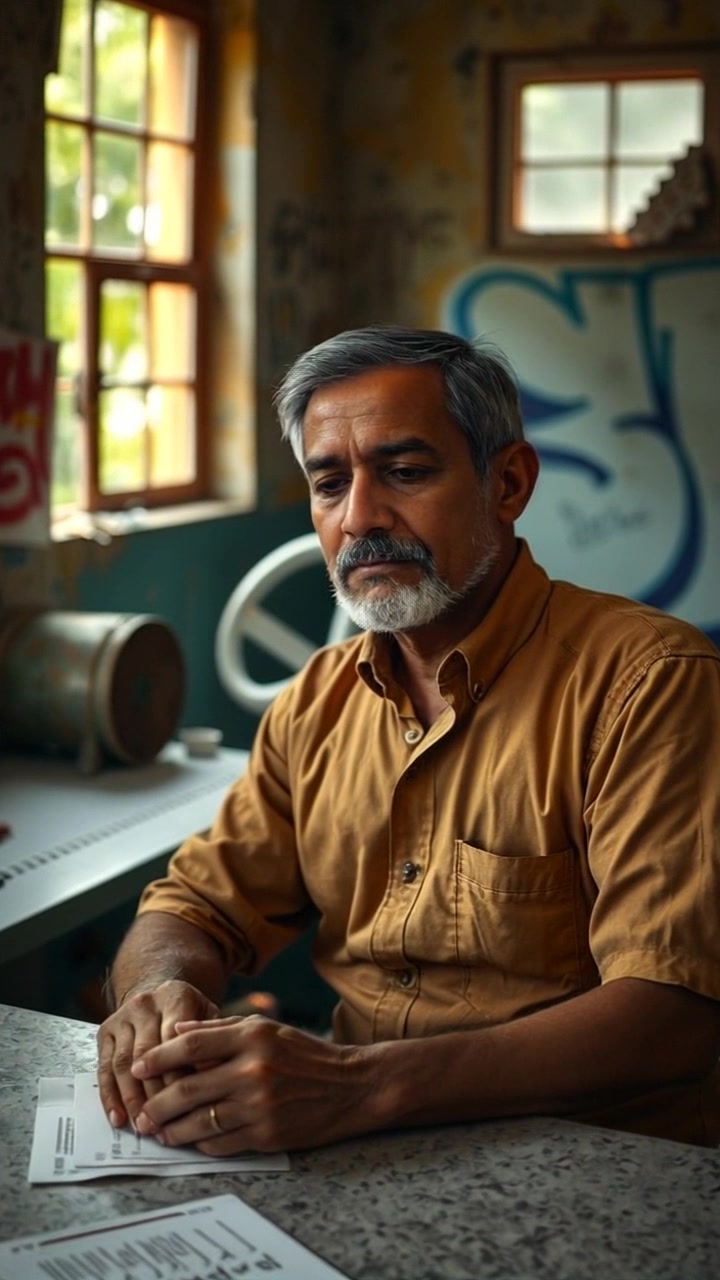 Subject: Raj sitting thoughtfully at a table, his gaze directed downward as he reflects on his past. Scene: A cozy, dimly-lit room adorned with personal mementos and soft shadows. Lighting: Soft, warm light envelops the scene, creating an introspective mood. Motion: Camera performs a slow push-in towards Raj, capturing the intensity of his expression and the intimate surroundings, while the ambient atmosphere deepens the sense of reflection.