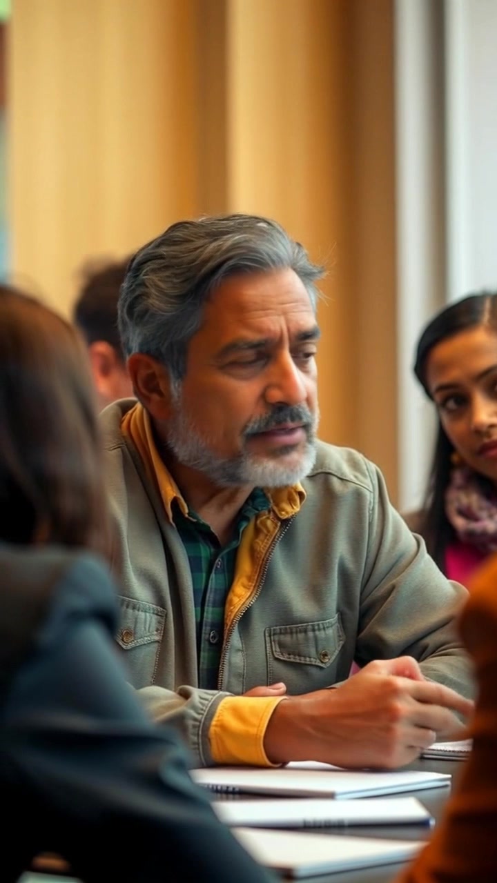 Scene: A serious meeting in a modern conference room where a focused individual presents solutions to a small group of attentive advisors. Style: Soft, ambient lighting with a professional atmosphere, highlighting the serious nature of the discussion. Motion: The camera pushes in slowly on the presenter as they confidently articulate their ideas, pausing to engage with various advisors seated around the table, capturing their reactions in close-up.