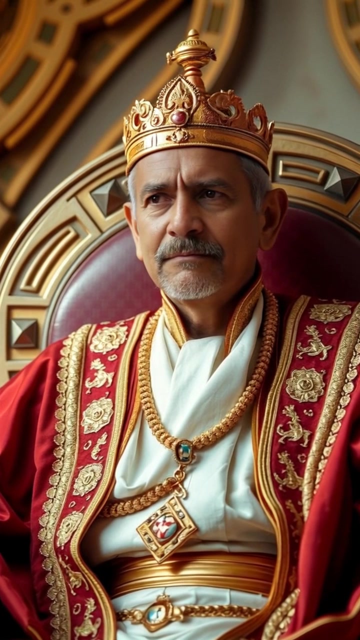 Subject: King Mahendra Singh seated on a regal throne, adorned in royal robes. Subject movement: He shifts his gaze thoughtfully, exuding a sense of wisdom and authority. Scene: Opulent throne room featuring intricate decorations and rich textiles, illuminated by the soft glow of candlelight. Style: Warm, inviting lighting that enhances the richness of the colors and fabrics. Motion: The camera slowly pushes in toward King Mahendra, capturing the regal details of his attire and the elegant design of the throne.