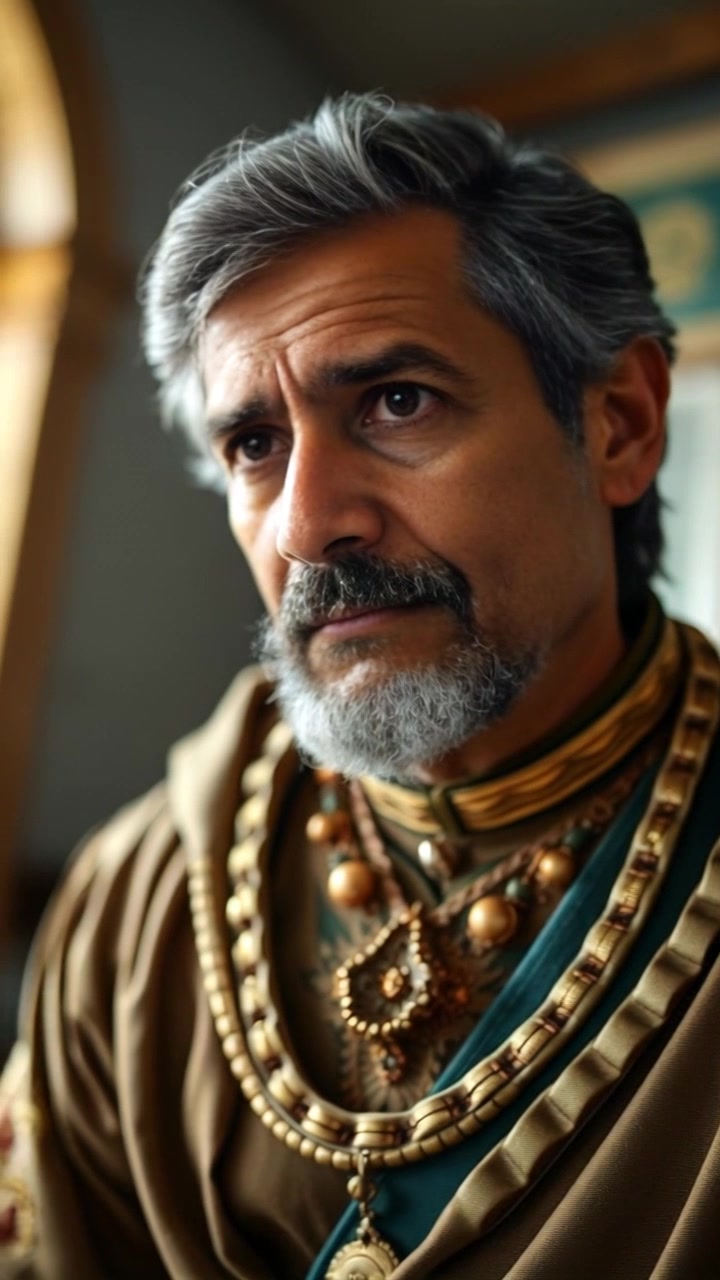 Subject: Raj in royal attire, captured in a thoughtful pose. Subject movement: Raj slightly shifts his gaze, as if contemplating a significant decision. Scene: An opulent palace interior, rich with intricate architectural details and warm, golden light filtering through stained glass. Lighting: Soft, ambient light creates a regal atmosphere, enhancing the rich colors of Raj's attire. Motion: Close-up camera slowly dolly in, capturing the subtleties of expression on Raj's face, as the elegant surroundings softly blur in a bokeh effect.