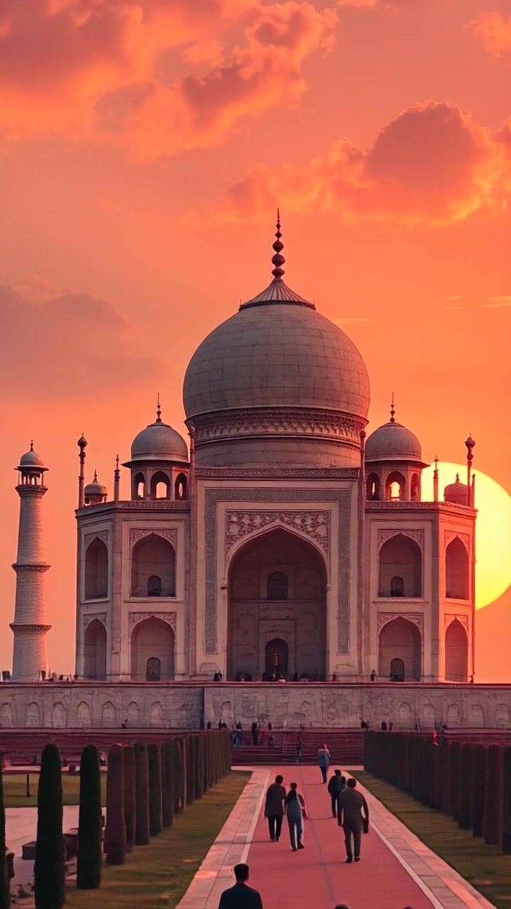 Scene: A breathtaking sunset view of the Taj Mahal, highlighting its architectural beauty against a colorful sky. Style: Warm, vibrant sunset lighting that enhances the intricate details of the marble structure. Motion: The camera smoothly transitions from a wide shot of the entire monument to a close-up, capturing the delicate carvings as the colors of the sky shift, emphasizing the serene passage of time.