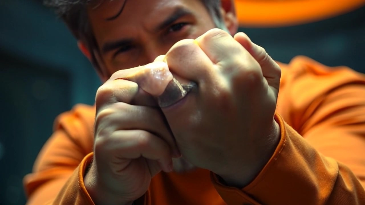 Subject: A pair of hands clenched tightly in a moment of intense emotion. Subject movement: The hands slowly relax and uncurl, fingers gradually spreading apart to release the tension. Scene: A close-up of the hands set against a dark, softly blurred background, enhancing the focus on the intricate details of the skin and knuckles. Style: Dim lighting that casts subtle shadows accentuating the contours of the hands, creating a moody atmosphere. Motion: The camera gently pushes in for an intimate perspective, then pulls back slightly as the tension dissipates, revealing a sense of calm.