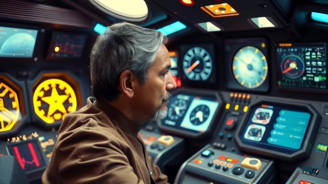 Subject: A focused individual sitting at a control panel in a spaceship. Subject movement: The individual shifts attentively between various screens, adjusting controls with deliberate movements. Scene: Inside a futuristic spaceship cockpit, illuminated by the glow of screens displaying star maps and data. Style: Ambient lighting filled with soft blue and green hues, creating a high-tech atmosphere. Motion: The camera slowly pans around the cockpit, capturing the intricacies of the control panel and the concentration on the individual's face as they engage with the spacecraft's systems.