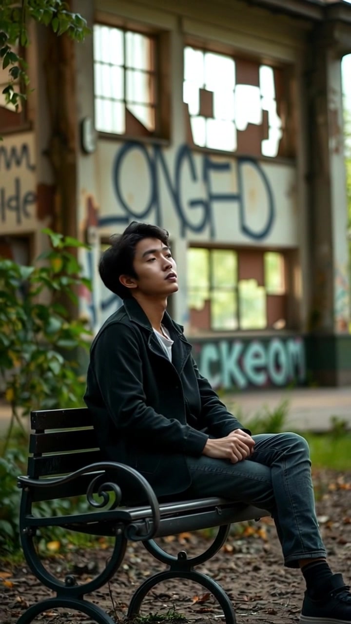 Subject: A young adult sitting on a park bench, looking thoughtfully at the sky. Subject movement: The individual shifts slightly, leaning back to take in the clouds as the wind stirs the leaves around them. Scene: Serene park setting with lush greenery and a bright blue sky. Style: Soft, natural lighting of a midday sun creating gentle shadows. Motion: A smooth tracking shot that zooms in on the individual's face, capturing their contemplative expression before pulling back to reveal the surrounding vibrant park.
