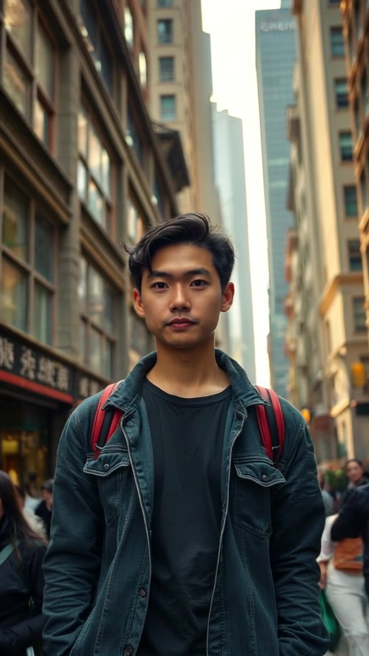 Subject: A confident individual standing amidst a lively city street. Scene: A bustling urban environment filled with towering buildings and busy pedestrians moving in various directions. Lighting: Bright, daytime light illuminating the scene, casting dynamic shadows. Motion: Camera begins with a medium shot of the subject, then smoothly zooms in to capture their confident expression, while simultaneously panning to showcase the vibrant street life around them.