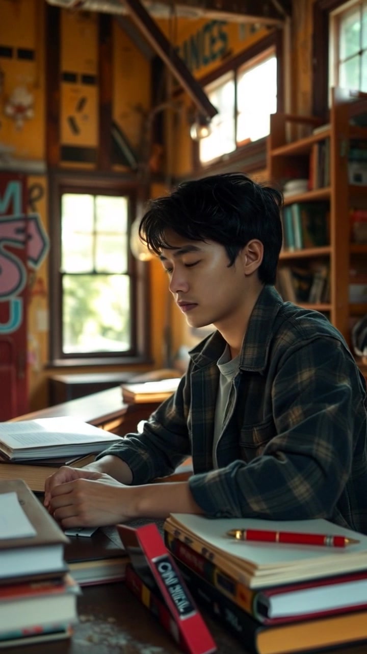 Subject: A person sitting at a desk, surrounded by stacks of books, deep in thought. Subject movement: The person glances up thoughtfully, then returns to writing in a notebook. Scene: A cozy study filled with warm, ambient light, the desk cluttered with books and papers, softly illuminated by a nearby lamp. Motion: The camera pans slowly around the desk, capturing the tranquil atmosphere and subtle details of the surroundings.