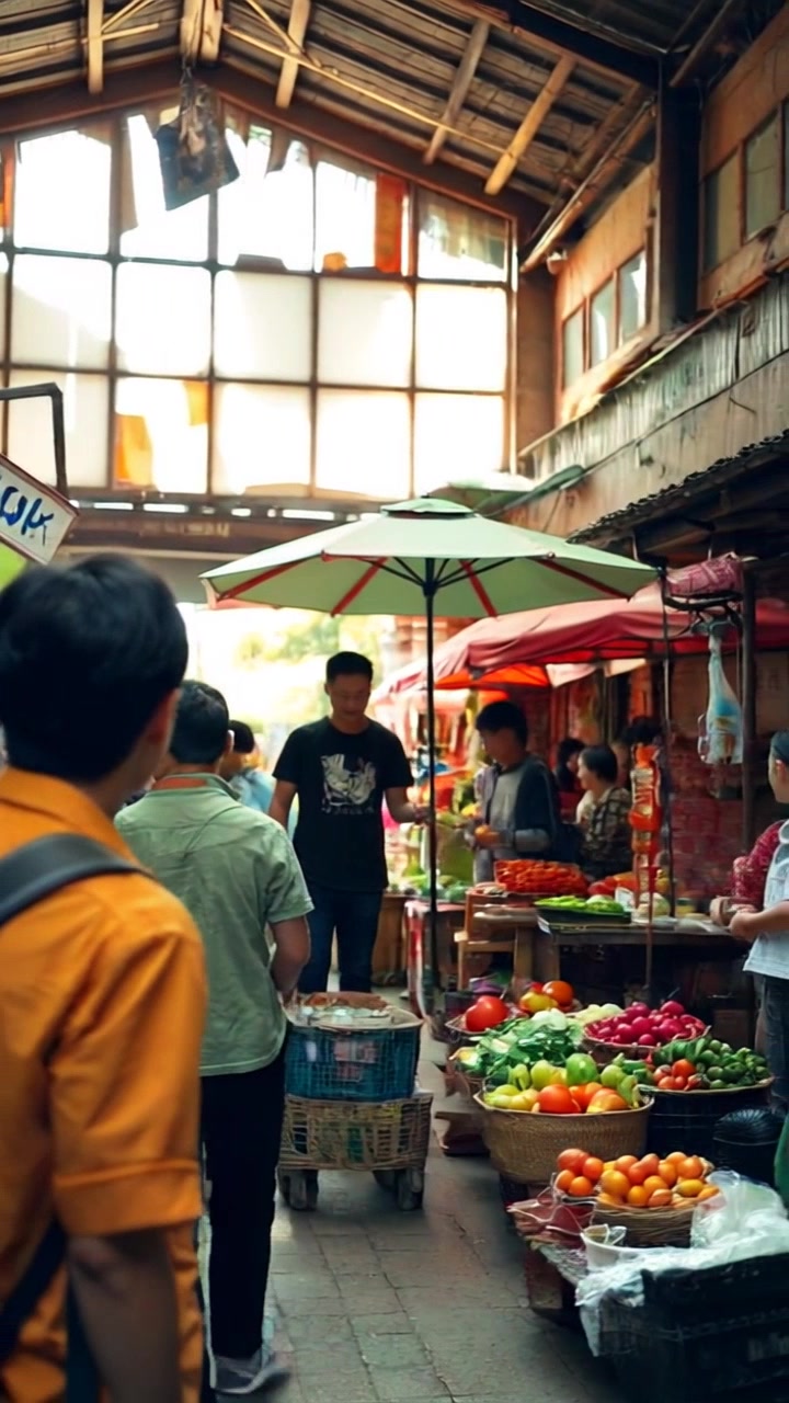 Subject: Ken walking through a bustling local market, interacting with the community. Subject movement: He moves smoothly between stalls, greeting vendors and admiring their products. Scene: A vibrant market filled with colorful fruits, vegetables, and handmade goods, with people actively engaged in conversation. Style: Morning light casting a warm glow over the scene, enhancing the lively atmosphere. Motion: Handheld camera follows Ken, weaving through the crowd, capturing candid moments of community life.