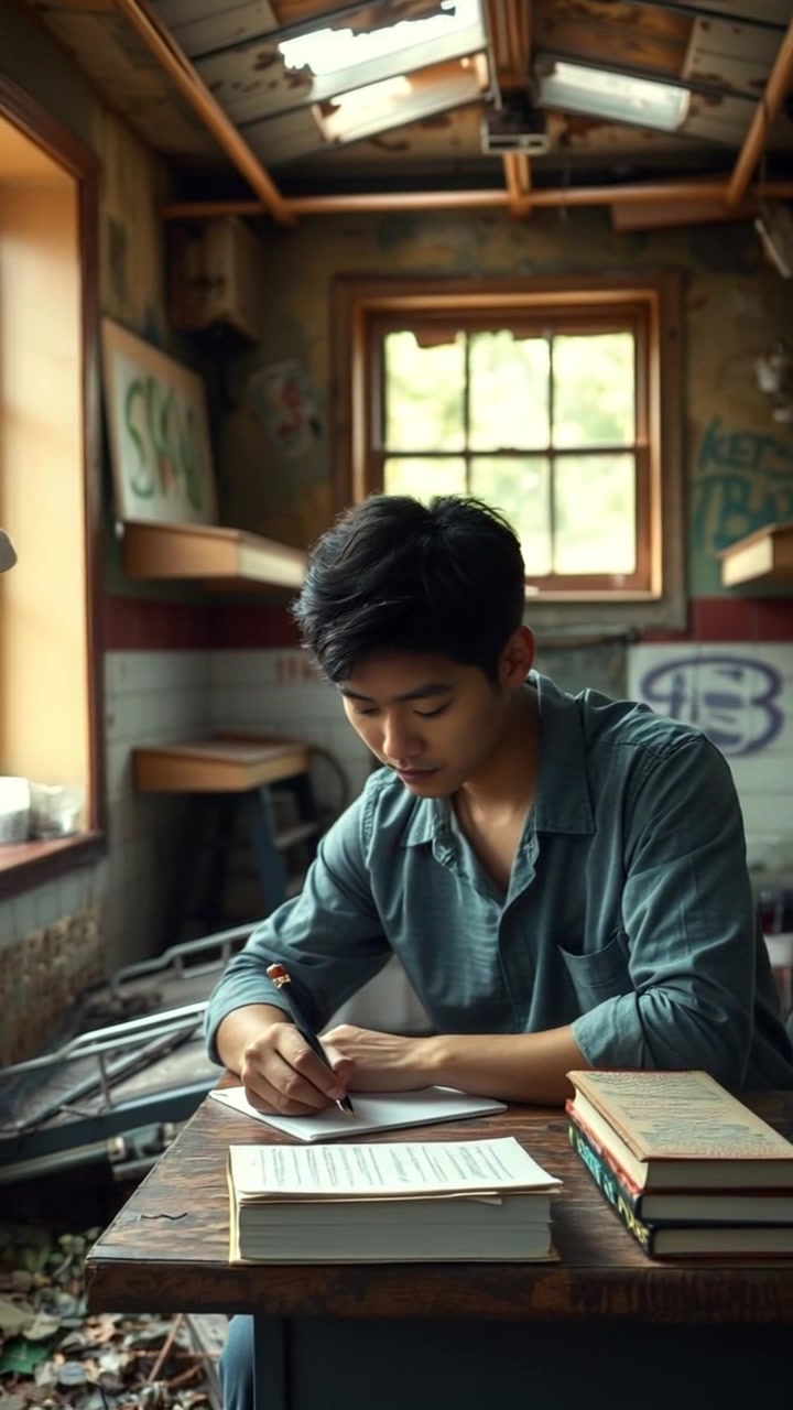 Subject: A young man sitting at a desk. Subject movement: He is focused intently, writing steadily. Scene: A cozy study room filled with shelves of books and soft lighting from a desk lamp. Style: Warm, ambient light creating an inviting atmosphere. Motion: The camera slowly pans from the side, capturing the young man's concentration as he writes, transitioning to a close-up of his hand moving gracefully across the page.