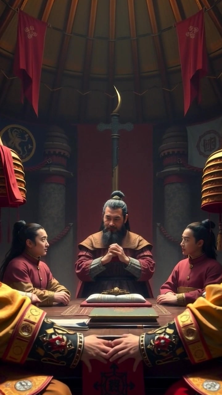 Scene: Inside a dimly lit yurt, Hiro and his generals are gathered around a circular table, discussing strategies with intensity. Style: Warm, ambient lighting creates a cozy atmosphere, with intricate patterns of the yurt's fabric softly illuminated. Motion: The camera subtly pans around the table, capturing the generals' animated expressions and gestures as they engage in the meeting.