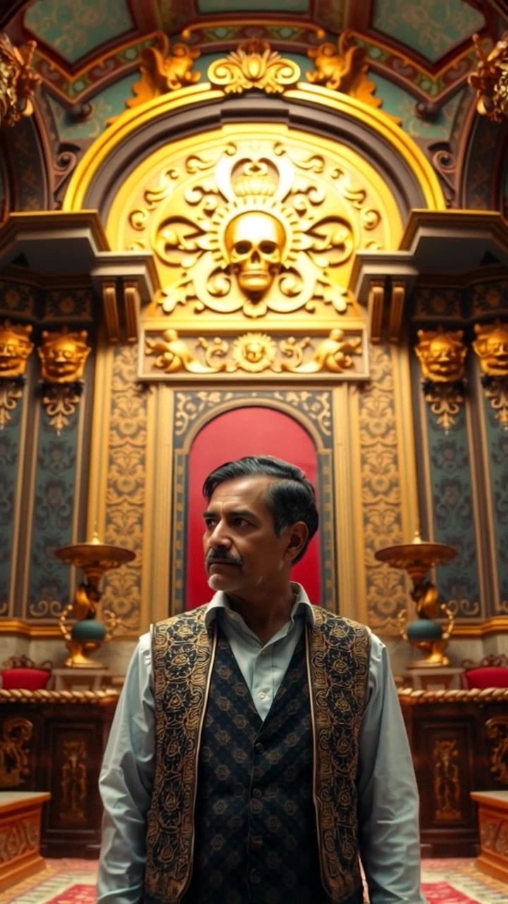 Subject: A confident figure standing on a majestic throne. Scene: Elaborate throne room filled with ornate decorations, rich colors, and grand architecture. Style: Ambient lighting highlighting the details in gold and deep red hues, creating an opulent atmosphere. Motion: Camera slowly pans down from the intricate ceiling towards the figure, capturing the splendor of the room and the regal presence of the subject.