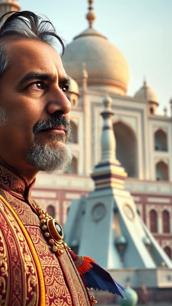 Subject: Shah Jahan standing contemplatively before the Taj Mahal, embodying a sense of pride and reflection. Subject movement: He gazes thoughtfully at the monument, with a slight breeze causing his garments to gently sway. Scene: The iconic Taj Mahal glowing in the warm light of sunset, surrounded by lush gardens and reflecting pools. Motion: The camera slowly pushes in on Shah Jahan, capturing the intricate details of his attire and expressions while gradually revealing the stunning architecture of the Taj Mahal in the background. The atmosphere is warm and inviting, filled with a sense of reverence and history.