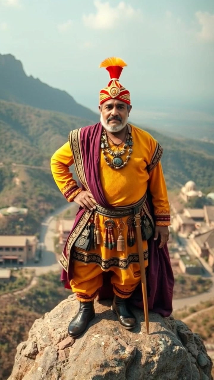 Subject: Maharana Pratap Singh standing proudly on a hill. Subject movement: He gazes steadfastly over a vast landscape, with a slight breeze ruffling his attire. Scene: A panoramic view from atop a high hill, with lush greenery and distant mountains stretching out below. Style: Warm, early morning light illuminating the scene with a golden hue, casting long shadows across the terrain. Motion: The camera begins with a slow zoom-in from behind to emphasize the subject's poise, then sweeps outward to capture the expansive landscape and the majestic surroundings.