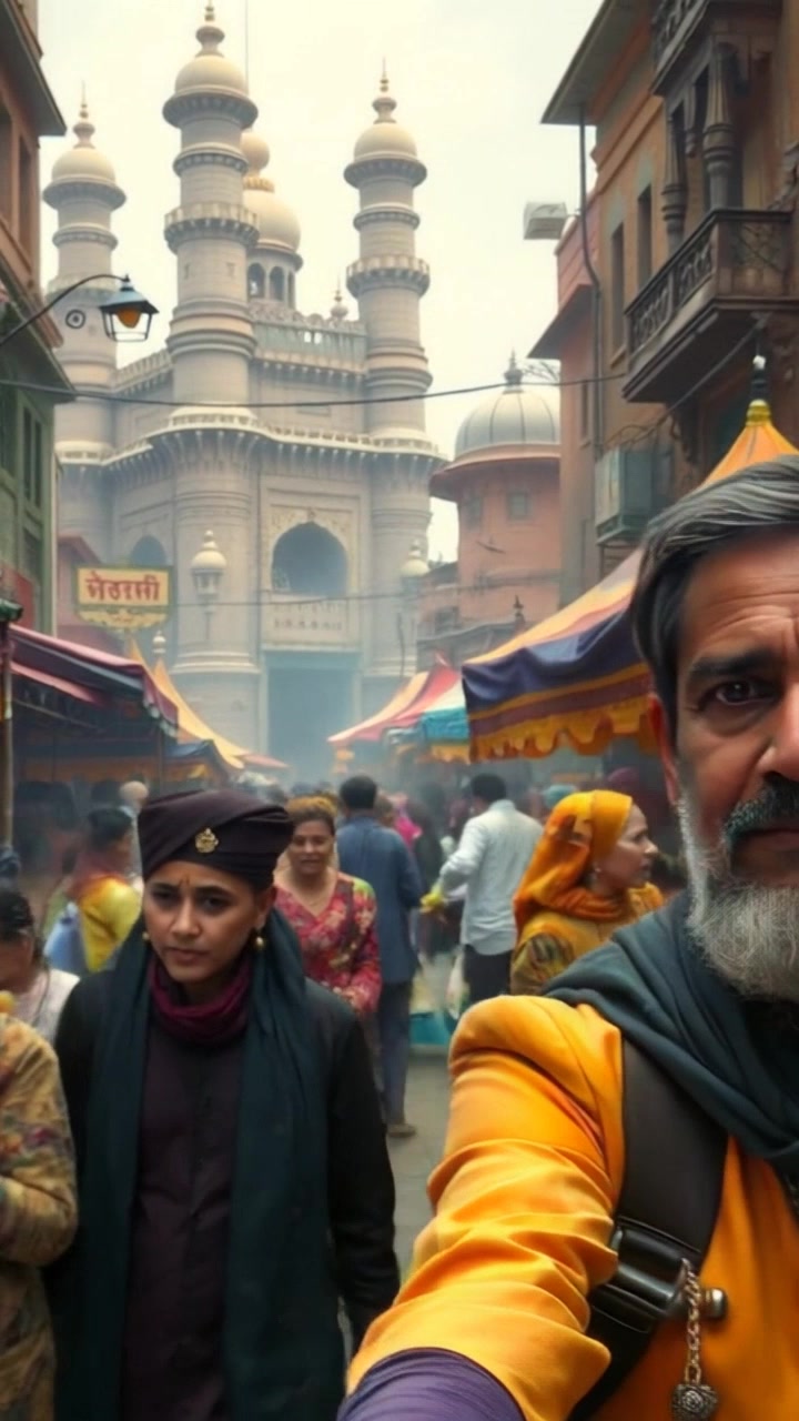 Scene: A bustling market scene in modern-day Chandni Chowk, filled with vibrant market stalls and crowds of people. Style: Morning light casting a warm glow over the lively street, highlighting the rich colors of the fabrics and fresh produce. Motion: A dynamic handheld camera tracking shot weaving through the crowd, capturing the energy and excitement of the market as vendors interact with customers.