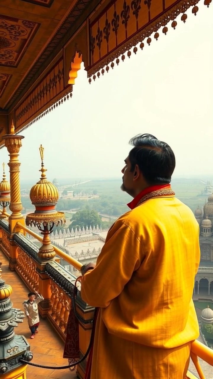 Subject: Raj standing on the balcony of the palace. Subject movement: He gazes thoughtfully over his kingdom, taking in the vast landscape below. Scene: A regal balcony overlooking a sprawling kingdom with lush greenery and distant mountains. Style: Warm, golden sunlight illuminating the scene, highlighting the opulence of the palace. Motion: The camera gently pans out from a close-up of Raj's contemplative face to reveal the grandeur of the kingdom he surveys.