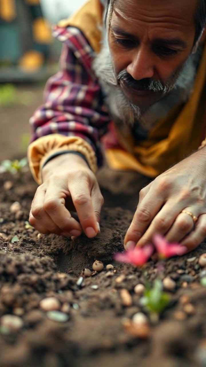 Subject: Hands planting seeds in rich soil. Subject movement: The hands gently push seeds into the earth, fingers delicately moving as they cover the seeds with soil. Scene: A close-up of the hands working in a lush, fertile garden setting, with surrounding greenery blurred softly in the background. Lighting: Soft natural light illuminating the scene, enhancing the organic textures. Motion: Camera subtly zooms in to capture the intricate details of the hands at work, conveying a sense of care and growth.