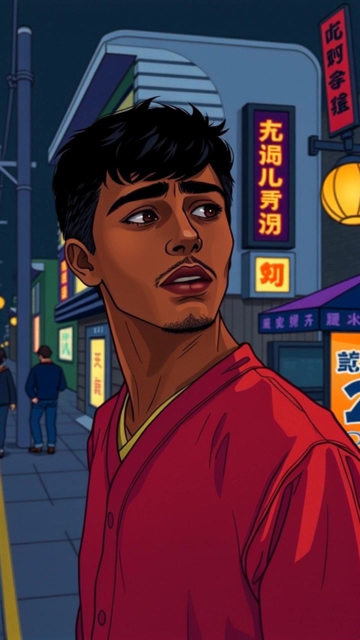 Subject: A solitary figure, The Walker, standing in a dimly lit street at night with a concerned expression. Subject movement: The Walker shifts their gaze around, displaying a sense of unease. Scene: A shadowy urban street under a soft glow from overhead streetlights, surrounded by darkened buildings. Style: Moody, low-key lighting accentuating the contrast between light and shadow. Motion: Camera moves in gently, closing in on The Walker's face to capture the nuances of their expression, while subtle shadows shift around them, enhancing the tension of the night.
