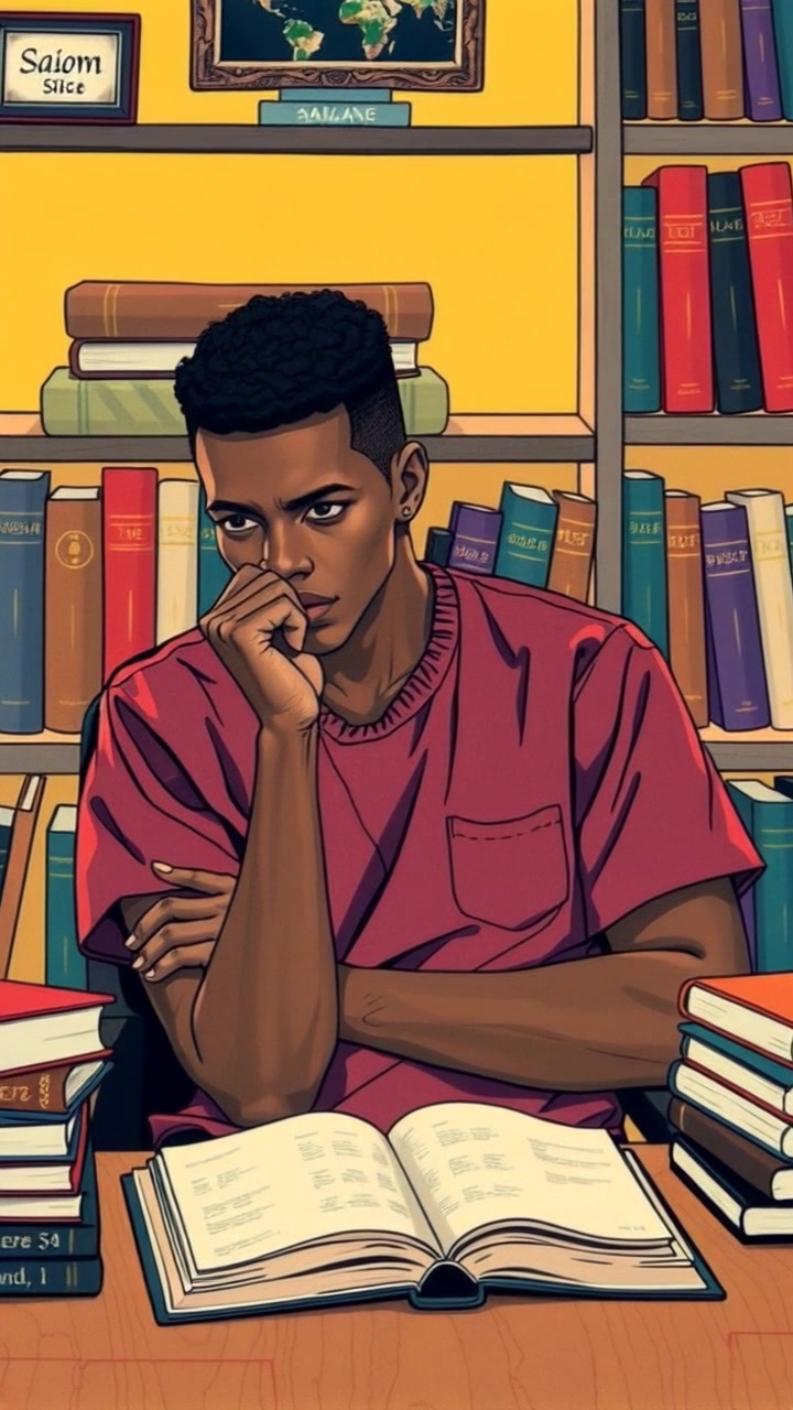 Scene: A cozy room filled with towering bookshelves, bathed in warm ambient light, creating an inviting atmosphere. Motion: Camera gently pushes in towards the table where the open book lies, capturing the thoughtful expression of the subject as they gaze at it, beautifully framed by the surrounding shelves.