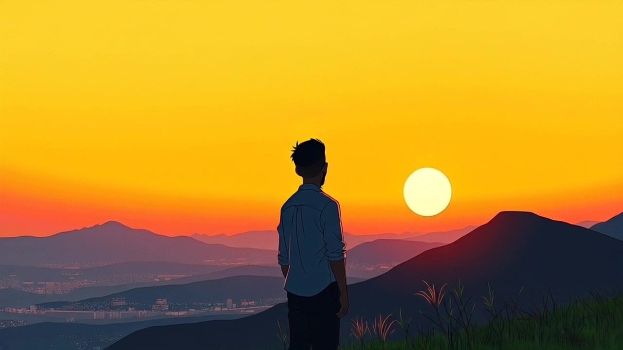 Subject: A young man standing on a lonely hilltop. Subject movement: He stands still, gazing contemplatively at the sunset, absorbing the moment. Scene: A panoramic view of a tranquil hilltop under a vast, colorful sky as the sun dips toward the horizon. Style: Soft, warm sunset lighting that envelops the scene in golden hues, casting a serene glow. Motion: The camera begins with a close-up of the young man's face, then slowly pulls back to reveal the expansive landscape around him, capturing the beauty of the sunset and the isolation of the hilltop.