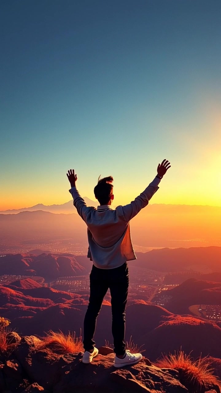Subject: A figure stands on a hilltop. Subject movement: The figure takes a deep breath, arms raised in celebration, as the wind gently sways their clothing. Scene: A hilltop overlooking a vast valley, dotted with distant mountains under a bright sky. Style: Ambient, vibrant daylight enhancing the colors of the landscape. Motion: The camera starts from a wide shot, smoothly dolly in towards the figure, capturing the expansive view of the valley and mountains as the figure raises their arms towards the sky.