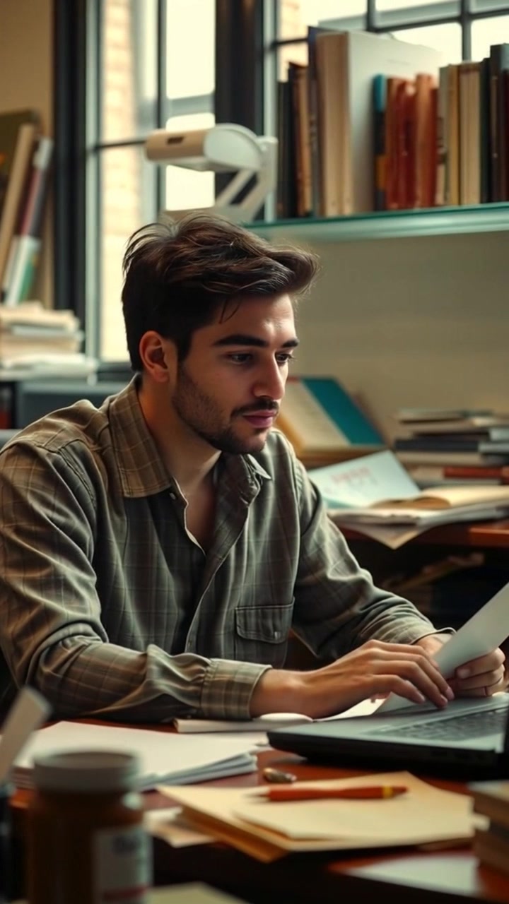 Scene: Amir sitting at a cluttered desk, surrounded by scattered papers, staring blankly at his unfinished work. Style: Soft, diffused lighting creating an introspective atmosphere, emphasizing the chaos of the workspace. Motion: The camera slowly zooms in on Amir's face, capturing the subtle tension in his expression, before panning out to reveal the cluttered surroundings.