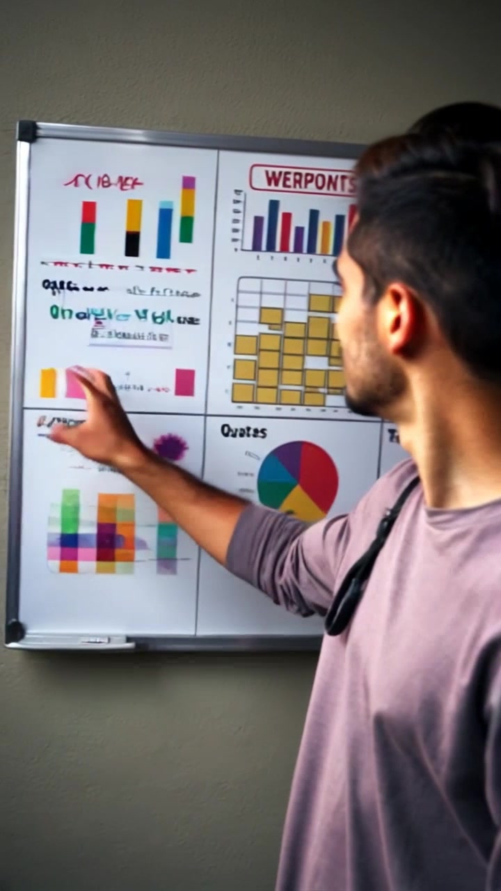 Subject: A confident individual standing in front of a whiteboard filled with charts and ideas during a brainstorming session. Subject movement: The individual gestures expressively, pointing to various ideas on the board. Scene: A vibrant brainstorming room with natural light filtering through large windows, fostering creativity and collaboration. Style: Bright, inviting lighting creating a sense of openness and inspiration. Motion: Camera gently pushes in on the subject, capturing their dynamic expressions and the detailed charts behind them, enhancing the energy of the brainstorming atmosphere.
