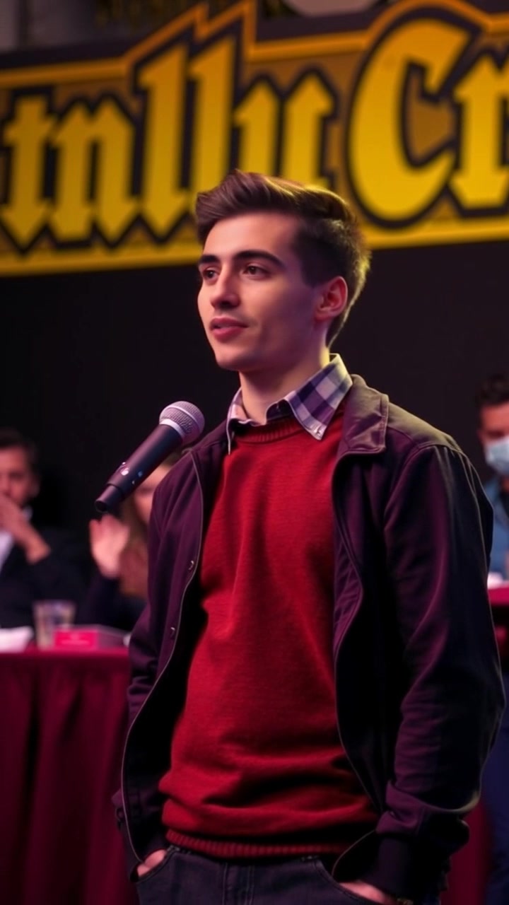 Subject: Amir standing confidently in front of an audience, sharing his experiences. Subject movement: He gestures passionately as he speaks, engaging with the crowd. Scene: A spacious auditorium filled with attentive listeners, soft lighting focusing on Amir at the front. Style: Warm, inviting lighting creating a positive atmosphere. Motion: The camera smoothly pans from the audience to Amir, capturing the energy in the room as he inspires those around him.