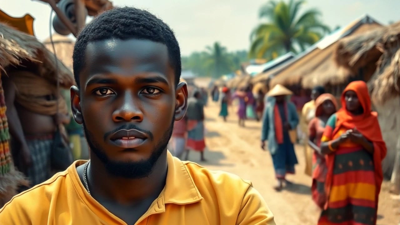 Subject: A weary figure named Ramoo standing in a village setting. Scene: Ramoo gazes thoughtfully as villagers move purposefully in the background, creating a sense of life and activity around him. Style: Soft afternoon light filtering through trees, casting a warm glow over the village. Motion: The camera gently pushes in on Ramoo, capturing his contemplative expression, then pans to follow the bustling villagers as they pass by, enhancing the atmosphere of community.