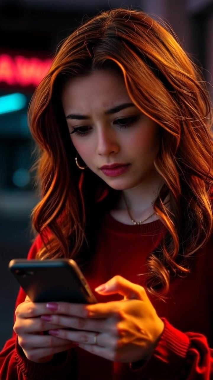 Subject: A person named Maya, hesitating with a worried expression while looking at her phone screen. Scene: A cozy living room setting, with soft furnishings and warm lighting, creating an inviting yet tense atmosphere. Motion: The camera performs a close-up push-in towards Maya's face, capturing the subtleties of her expression as she glances anxiously at the phone, with the background slightly blurring out to emphasize her emotion.