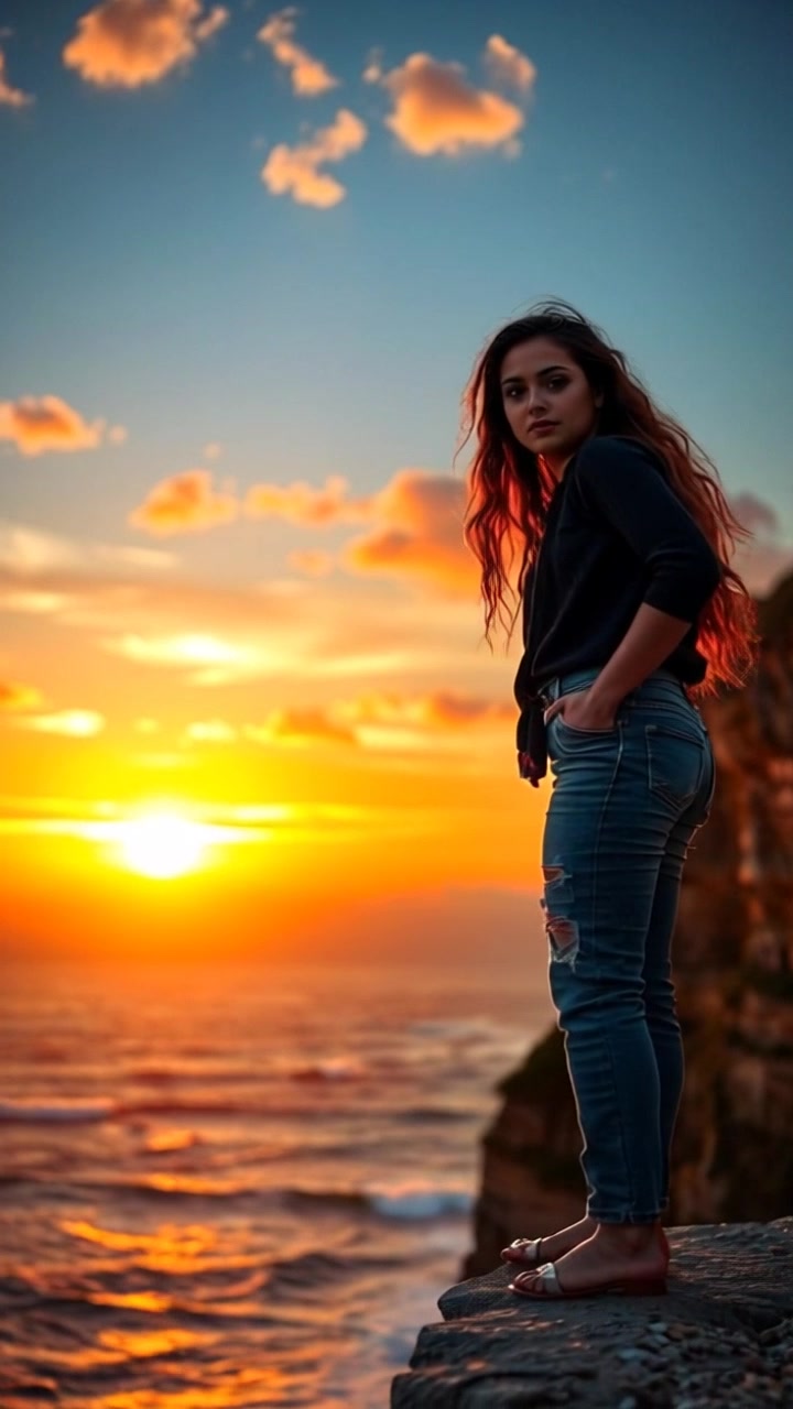 Subject: A confident figure standing at the edge of a scenic cliff. Scene: Majestic cliff overlooking a vast ocean at sunset, with vibrant hues of orange and purple reflecting off the water. Motion: The camera begins with a close-up on the figure, then smoothly pushes out to reveal the expansive ocean, capturing the waves crashing against the rocks below. Lighting: Warm, golden sunset light illuminating the scene, creating an inviting and tranquil atmosphere.