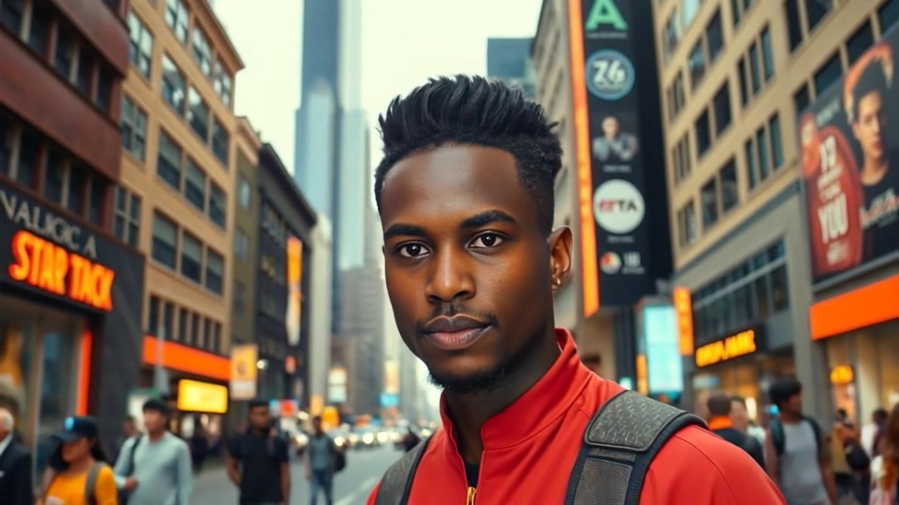 Subject: A determined individual standing on a busy city street. Subject movement: The individual gazes intently, momentarily still, amidst the bustling flow of pedestrians moving past. Scene: A vibrant urban landscape filled with towering buildings and a lively crowd. Lighting: Bright daylight accentuating the sharp contrasts of the architecture and the vivid colors of the scene. Motion: The camera performs a slow dolly out from the subject, capturing the dynamic activity of the city while keeping the individual in focus.