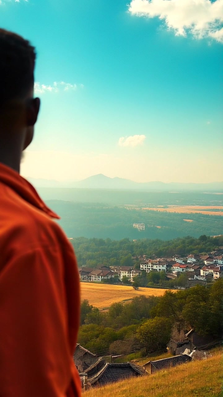 Subject: A young man standing tall in his village. Subject movement: He gazes thoughtfully towards the horizon, embodying a sense of longing and aspiration. Scene: The backdrop features traditional village architecture set against a sprawling landscape under a vibrant sky. Style: Warm, late afternoon light casting a golden hue over the scene, enhancing the depth of the colors. Motion: The camera slowly pushes in on the young man, capturing the serene expression on his face and revealing the expansive view he is focused on, blending subtle emotional tension with the beauty of his surroundings.