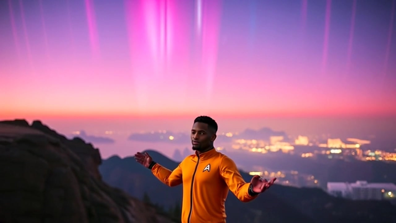 Subject: A figure standing on a hill. Subject movement: The figure gazes out over the landscape with a hopeful expression, arms gently raised as if embracing the view. Scene: A panoramic hilltop vista basking in the glow of a setting sun, rolling fields stretch into the distance. Style: Warm sunset lighting that bathes the scene in golden hues, creating an inviting atmosphere. Motion: The camera starts with a close-up of the figure's expression, then pulls back to reveal the breathtaking landscape while capturing a smooth, dramatic panning shot that conveys a sense of possibility.