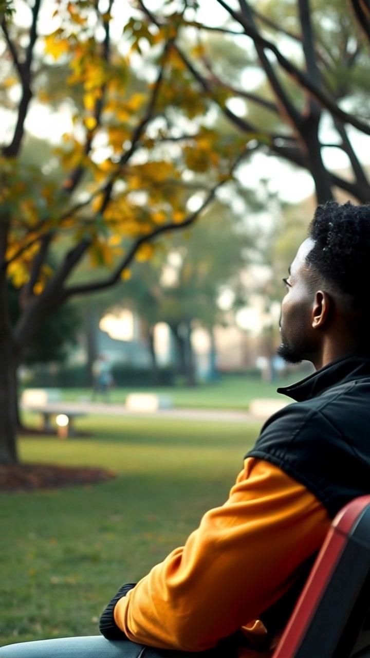 Subject: A person sitting on a bench. Subject movement: The person shifts slightly, looking around at the trees with a thoughtful expression. Scene: A serene park setting, with lush green trees surrounding the bench and gentle sunlight filtering through the leaves. Style: Soft, warm morning light creating a peaceful atmosphere. Motion: Camera starts with a close-up of the person's face, then gently pans out to capture the tranquil park scene, with a focus on the trees swaying softly in the breeze.