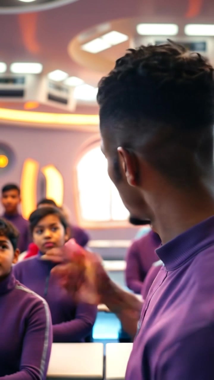 Scene: A vibrant classroom filled with eager students engaged in a lesson, showcasing a young teacher animatedly explaining a concept at the front. Style: Bright, natural lighting pouring in through large windows creates an inviting atmosphere. Motion: The camera gently pushes in from the back of the room to capture the teacher's enthusiastic gestures and the attentive faces of the students, transitioning smoothly from wide shots to close-ups of their expressions.