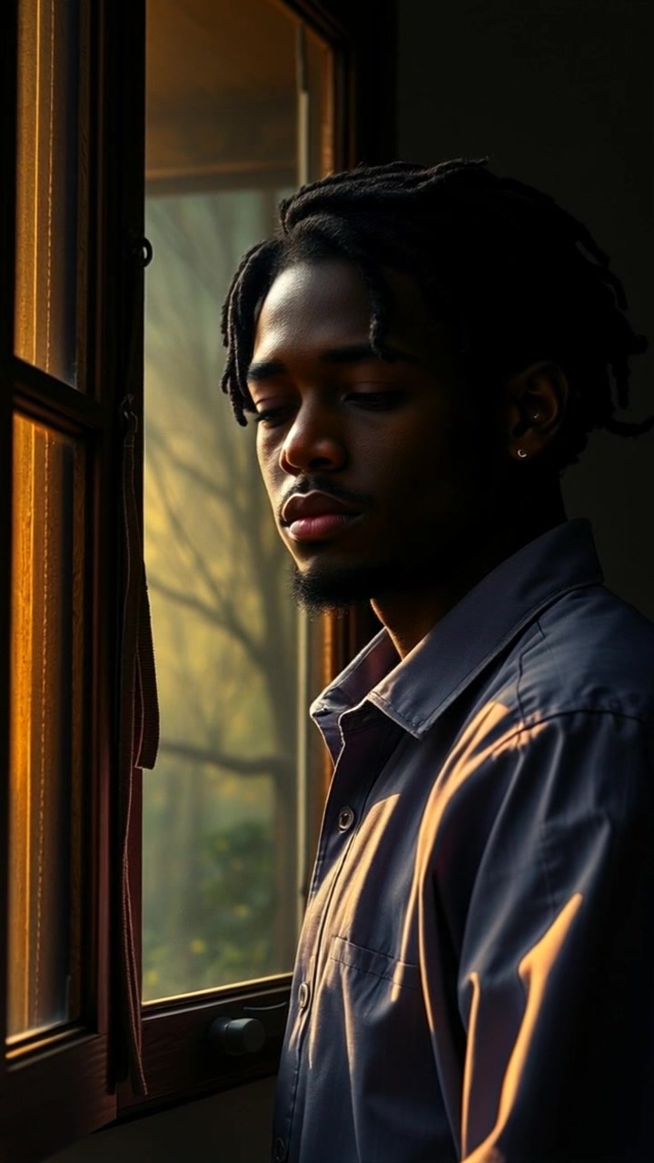 Subject: A person standing alone in a dimly lit room, gazing thoughtfully out a window. Scene: The dimly lit interior creates a moody atmosphere, with shadows cast on the walls enhancing the sense of introspection. Motion: The camera slowly pushes in towards the subject, capturing the subtle movements of light on their face as they contemplate the view outside, while the room's details gradually come into focus.