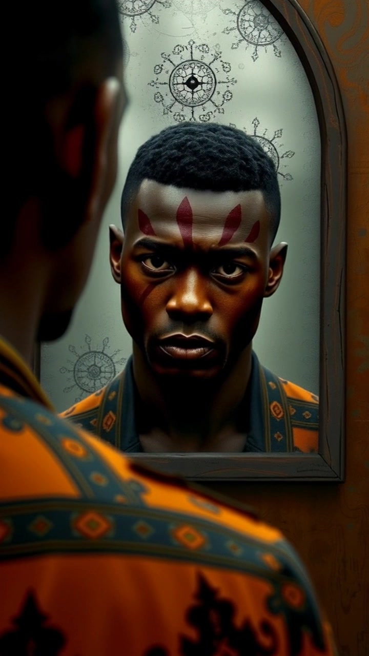 Subject: A person standing determinedly in front of a mirror, showcasing a mix of fear and resolve in their expression. Scene: An intimate, softly lit bathroom reflecting the character's introspection as they face themselves. Lighting: Warm, ambient light casting gentle shadows, enhancing the emotional tension. Motion: The camera slowly pushes in towards the mirror, capturing the nuances of the character's expression and the surrounding environment, while a subtle reflection adds depth to the scene.