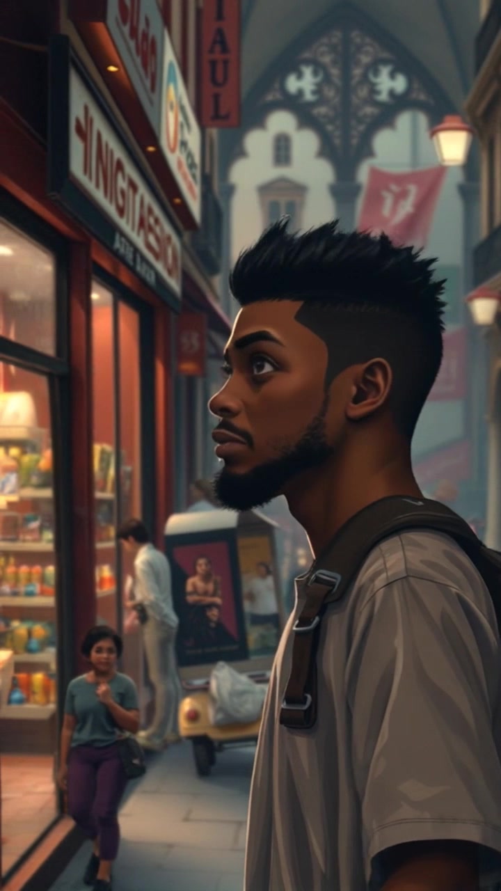 Subject: A character walking along a crowded street. Subject movement: The character walks with a hopeful expression, glancing at the various shops lining the street. Scene: Bustling urban street filled with vibrant shops and pedestrians, evoking a lively atmosphere. Style: Bright, daylight lighting enhancing the colors of the storefronts and the energy of the crowd. Motion: A smooth tracking shot follows the character from the side, capturing the dynamic interactions around him while highlighting his hopeful demeanor.