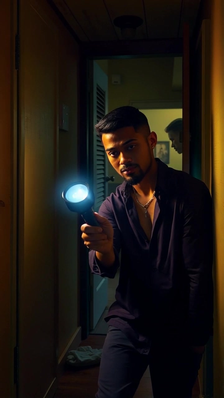 Subject: Anak Pemberani holding a flashlight. Subject movement: Stepping cautiously into the dark hallway of the house, the light from the flashlight flickering as shadows dart around him. Scene: A dimly lit hallway within a creaky old house, walls lined with faded photographs and mysterious doorways at either end. Lighting: Eerie, low-light atmosphere creating suspenseful shadows. Motion: The camera follows closely behind, tracking his movements as he advances with cautious steps, the beam of the flashlight illuminating the path ahead.