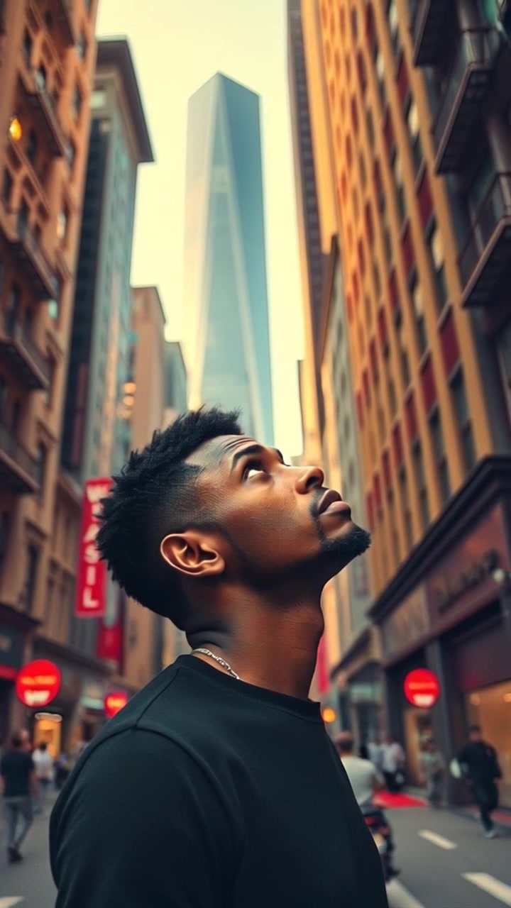 Subject: A man in his mid-20s looking up. Subject movement: The man gazes upwards, taking a deep breath as he absorbs the towering architecture all around him. Scene: A busy city street filled with people and tall buildings towering overhead. Style: Bright daylight illuminates the scene, highlighting vibrant urban colors. Motion: The camera performs a slow upward dolly shot, starting at the man's feet and gradually revealing the impressive skyline above, creating a sense of awe and perspective.