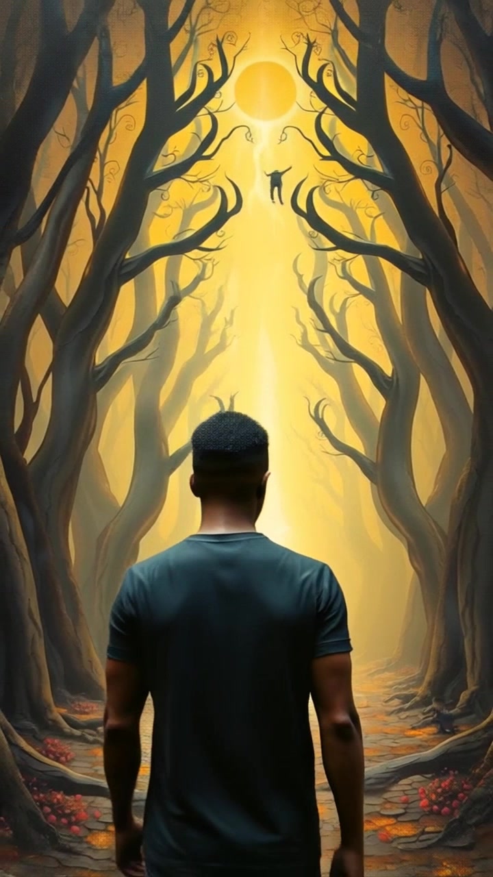 Subject: A figure standing at a crossroads. Subject movement: The figure contemplates, shifting weight between feet as they glance down each path. Scene: A serene intersection surrounded by lush greenery and distant mountains under a clear blue sky. Style: Bright daylight with soft shadows, evoking a sense of possibility and exploration. Motion: Camera begins with a close-up of the figure's face, capturing the expression of contemplation, then gently pulls back to reveal the entire scene, showcasing the diverging paths.