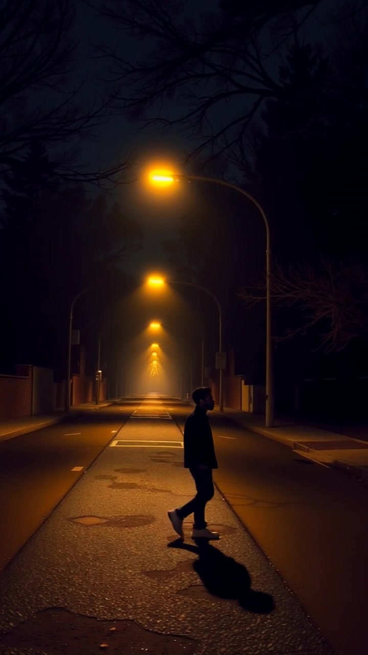 Subject: A figure walking alone. Subject movement: Deni walks slowly down a dark, empty street at midnight, their footsteps echoing softly against the pavement. Scene: A desolate street illuminated by dim streetlights, casting long shadows across the ground. Style: Moody lighting with deep contrasts and cool tones creating an eerie atmosphere. Motion: The camera follows Deni from a low angle, gliding alongside as they navigate the shadows, emphasizing the loneliness of the nighttime setting.